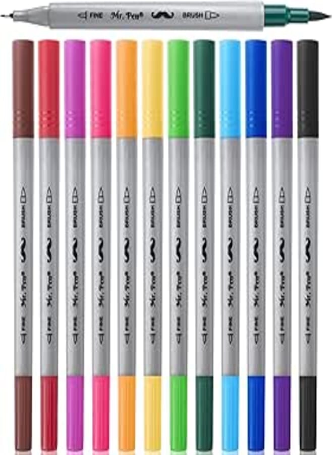 Mr. Pen- Dual Tip Brush Pens, 12 Colors, Art Markers for Kids Adults Coloring